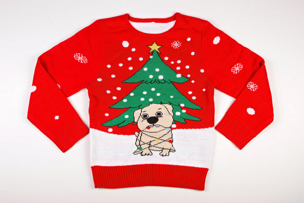 Adult Ugly Christmas Sweater Dog Tangled with Christmas Lights